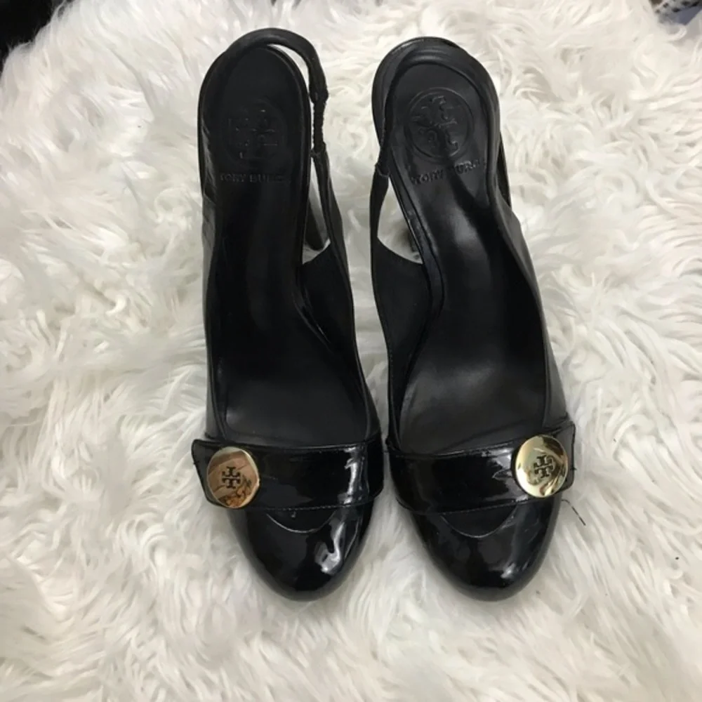Tory Burch Black Patent Sling Back Heels 8.5